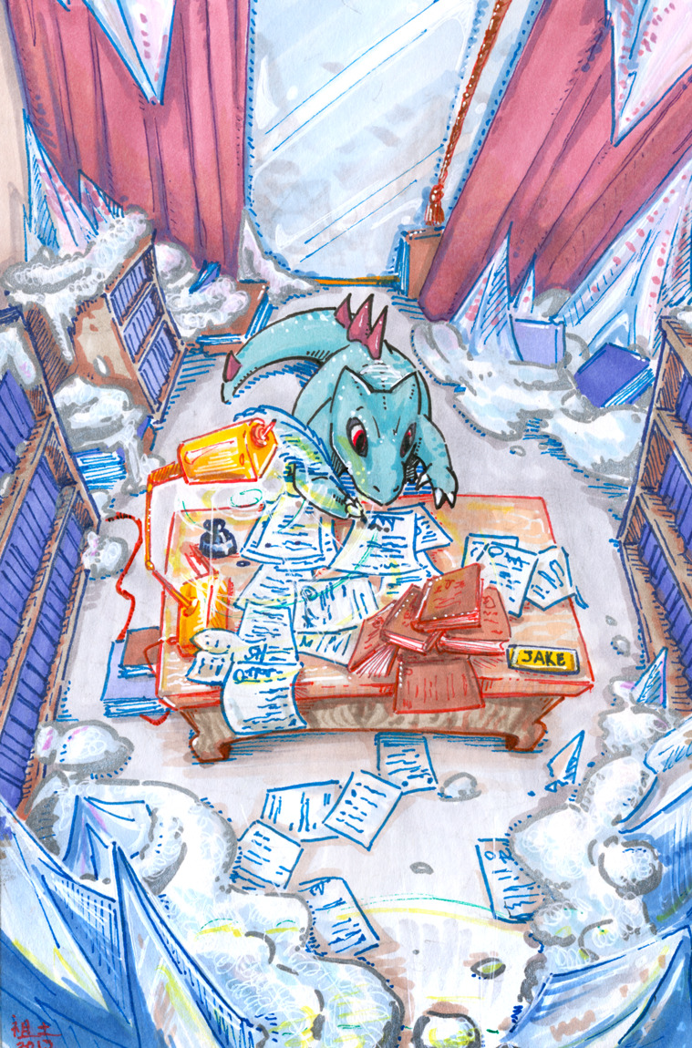 3_fingers ambiguous_gender anthro blue_body book bookshelf clutter curtains desk detailed_background feral fingers furniture ice ink lamp loose_feather messy_room paper quill red_eyes snow solo spikes spikes_(anatomy) table text window writing_text writing_utensil not-fun nintendo pokemon generation_2_pokemon pokemon_(species) totodile 2013 traditional_media_(artwork)