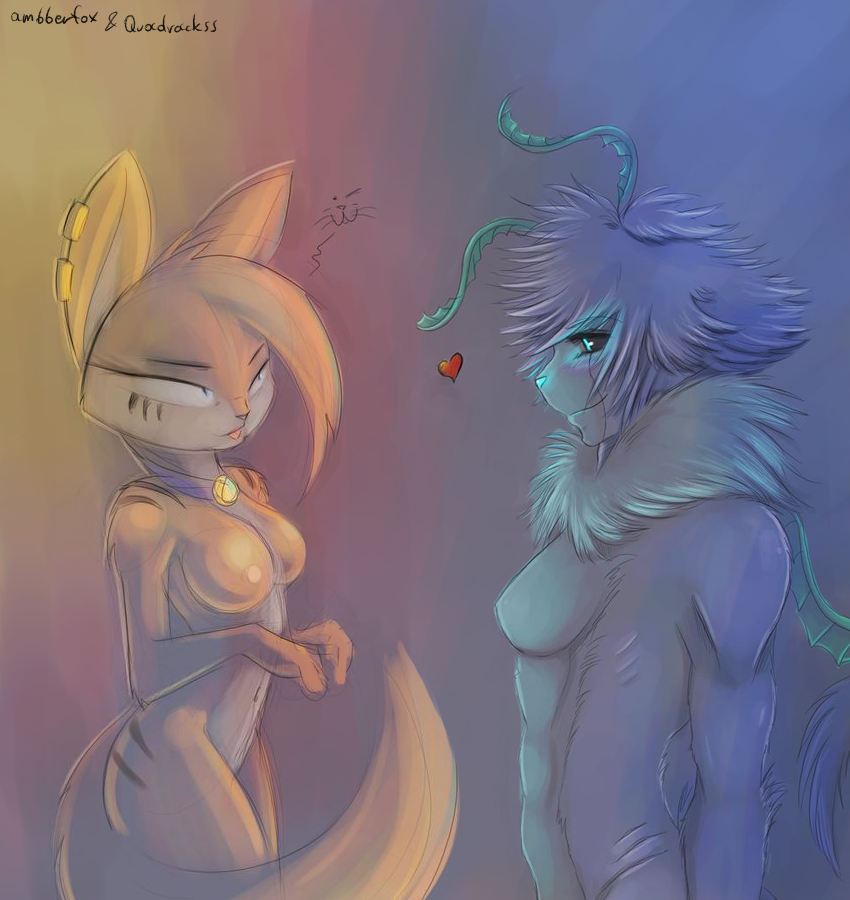 antennae_(anatomy) anthro breasts duo female heart_symbol nude romantic romantic_couple simple_background tail ambberfox quadrackss sanura arthropod domestic_cat felid feline felis hekrochupaai insect lepidopteran mammal moth artist_collaboration