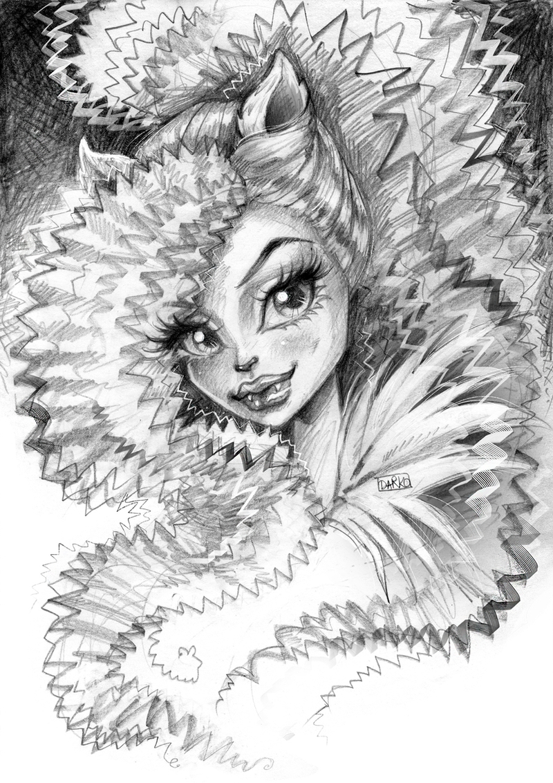 anthro blush curled_hair eyebrows eyelashes fangs female glistening glistening_lips hair humanoid_face kinky_hair lips pointy_ears ponytail prick_ears smile solo teeth darko_djordjevic mattel monster_high mythology silvi_timberwolf canid canine mammal mythological_canine mythological_creature werecanid werecanine werecreature werewolf sketch