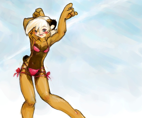 anthro bikini blue_eyes blush breasts brown_body brown_fur clothed clothing cloud contrail dancing ear_tuft female fur hair lace outside raised_arm short_hair skimpy sky solo swimwear tuft two-piece_swimsuit klar sarah_jaffe klarisa_lynx felid feline lynx mammal 6:5