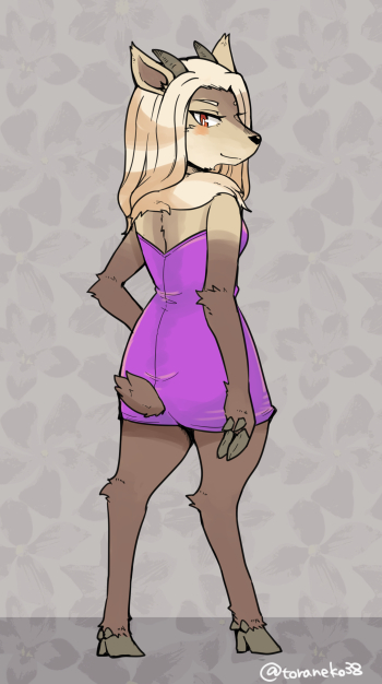 abstract_background anthro arm_tuft blonde_hair blush brown_body brown_fur clothed clothing cocktail_dress dress elbow_tuft female fingers fur hair hooved_fingers hooves horn kemono knee_tuft leg_tuft looking_at_viewer looking_back low_cut_dress red_eyes scut_tail short_horn short_tail small_horn solo tail tuft toraneko38 deer mammal