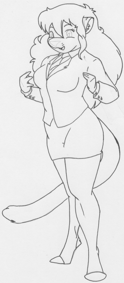 anthro bottomwear breast_expansion breasts businesswear clothed clothing expansion female hair legwear necktie office_clothing open_mouth skirt solo stockings danellz kathy_(danellz) felid lion mammal pantherine 2009 monochrome sketch traditional_media_(artwork)