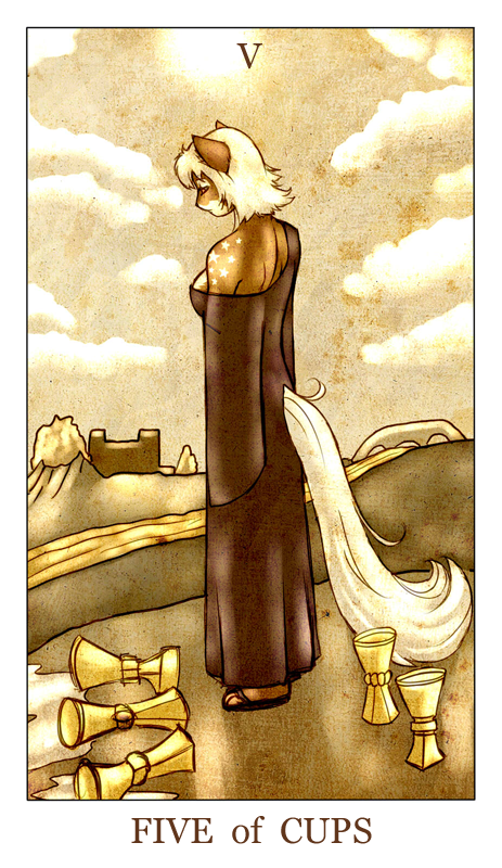 anthro breasts bridge brown_body brown_fur building card card_template clothed clothing cloud container cup cups_(tarot) dress female five_of_cups_(tarot) footwear fortune_telling fur hair minor_arcana outside river sad sandals shoes side_boob sky solo star sun tarot tarot_card water white_body white_fur white_hair feralise jinxy_falina domestic_cat felid feline felis mammal