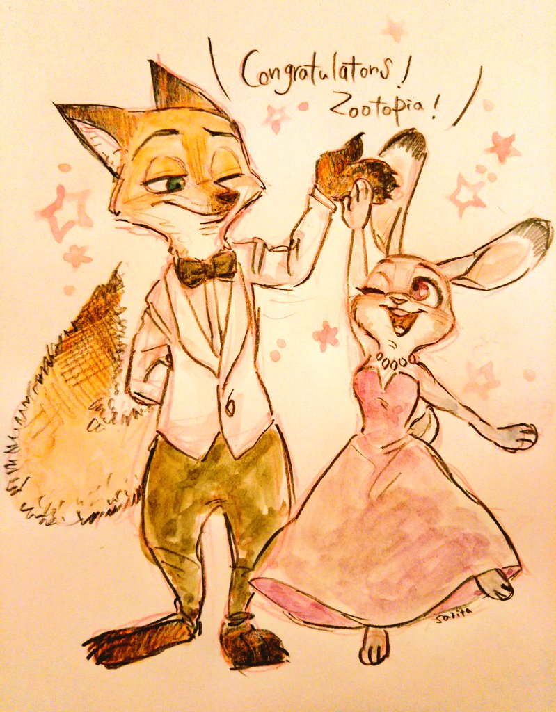 anthro bare_shoulders barefoot black_tie_(suit) bow_(feature) bow_tie brown_ear_tips clothed clothing dipstick_ears dipstick_tail dress duo ear_markings feet female fur gesture green_eyes grey_ear_tips hand_behind_back high_five jewelry jumping male markings multicolored_ears multicolored_tail necklace one_eye_closed open_mouth open_smile purple_eyes raised_arm simple_background size_difference smile suit tail tail_markings wink saritaaaaaaa82 academy_awards disney zootopia judy_hopps nick_wilde canid canine fox lagomorph leporid mammal rabbit red_fox true_fox 2017