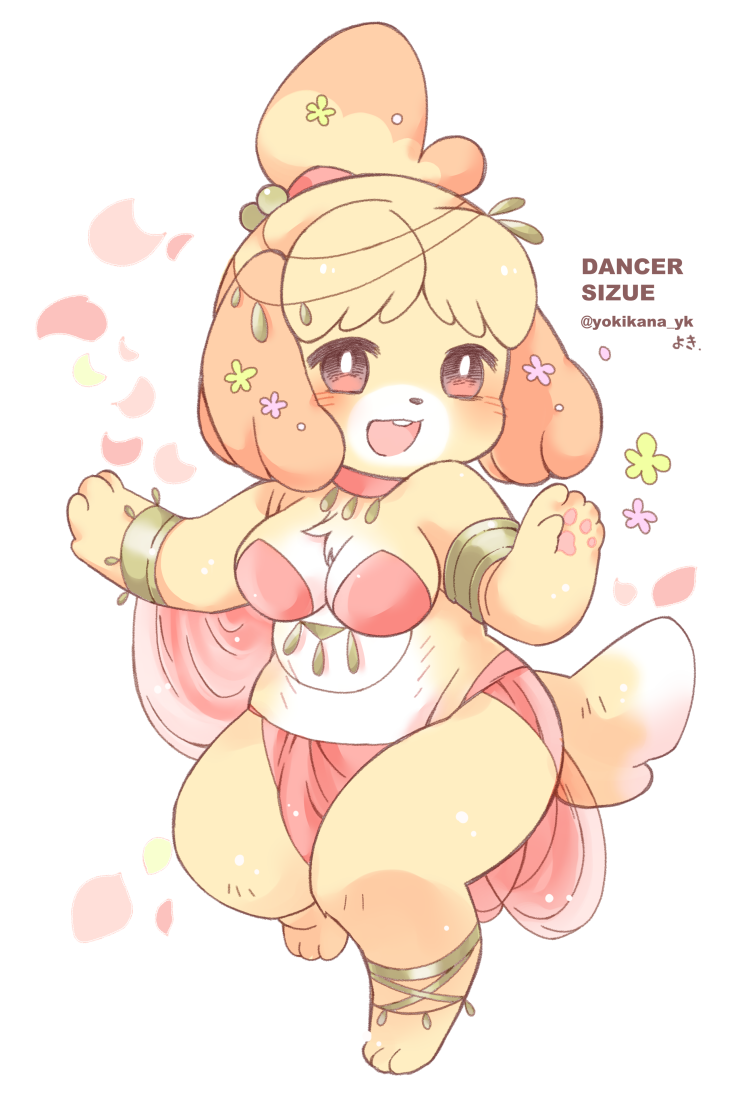 3_toes 5_fingers accessory anthro barefoot blush breasts clothed clothing collar dancer_outfit dancing feet female fingers fluffy fluffy_ears fluffy_hair hair hair_accessory jewelry kemono on_one_leg pawpads simple_background skimpy slightly_chubby smile smiling_at_viewer solo standing toes yokikana_yk animal_crossing nintendo isabelle_(animal_crossing) canid canine canis domestic_dog mammal shih_tzu toy_dog digital_media_(artwork) shaded