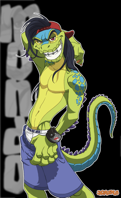 anthro athletic athletic_anthro athletic_male backwards_baseball_cap backwards_hat baseball_cap bottomwear clothing hat headgear headwear looking_at_viewer male pose seductive shorts solo tail underwear gshok teenage_mutant_ninja_turtles mondo_gecko gecko lizard reptile scalie