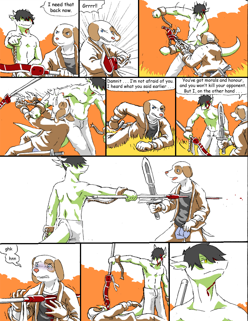 anthro blood bodily_fluids clothed clothing death dialogue fight glaive group killing male melee_weapon pain polearm sad sword tail text topless violence weapon reiger mythology dranz_(reiger) canid canine canis domestic_dog dragon mammal mythological_creature mythological_scalie scalie comic english_text