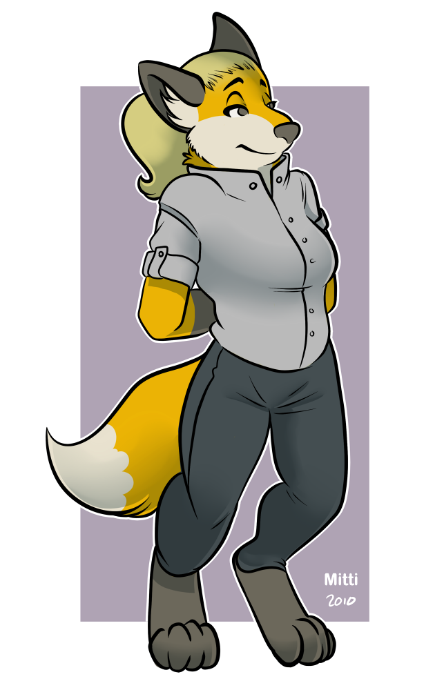 anthro black_nose blonde_hair breasts clothed clothing female fur hair half-closed_eyes narrowed_eyes solo yellow_body yellow_fur mitti chakona_space e'larra canid canine fox mammal 2010