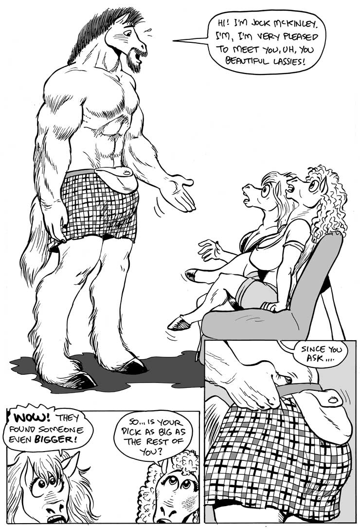 anthro big_breasts bottomwear breasts bulge clothing dialogue female huge_breasts kilt male sporran tail text karno equid equine horse mammal comic english_text greyscale monochrome