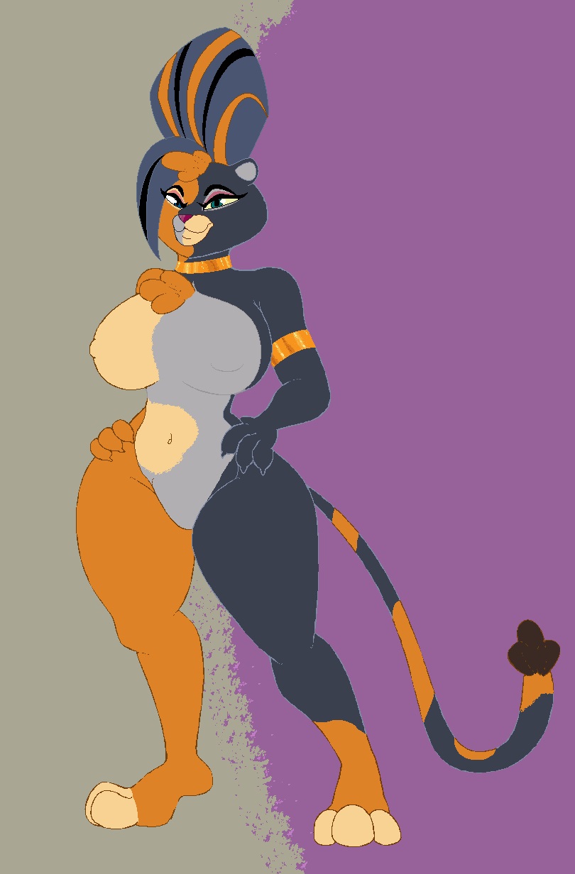 anthro areola_outline beehive_(hairstyle) big_breasts breasts choker curvy_figure featureless_crotch female fur fusion gold_(metal) gold_jewelry hair heterochromia jewelry looking_at_viewer multicolored_body multicolored_fur multicolored_hair multicolored_tail necklace paws solo tail tail_tuft thick_thighs tuft around_drum el_arca kairel panthy felid hybrid lion mammal pantherine hi_res