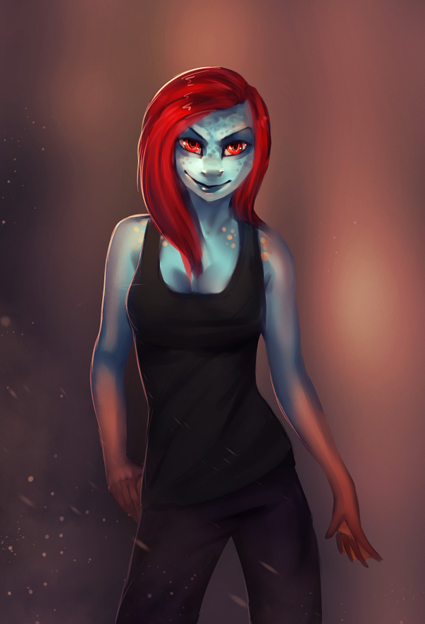 5_fingers anthro biped blue_body blue_skin bottomwear clothed clothing female fingers front_view hair looking_at_viewer membrane_(anatomy) pants red_body red_eyes red_hair red_skin shirt simple_background smile solo standing tank_top topwear webbed_hands akitary mintaka amphibian frog