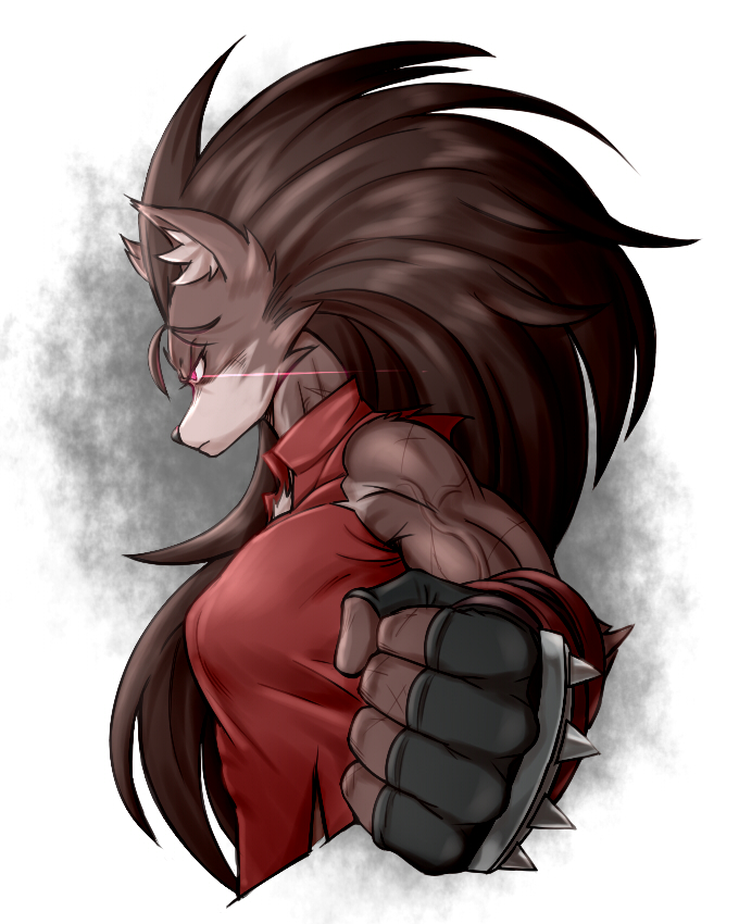 angry anthro female fist hair long_hair muscular muscular_anthro muscular_female simple_background solo zelen hilda_gauntlet canid canine canis mammal wolf 4:5