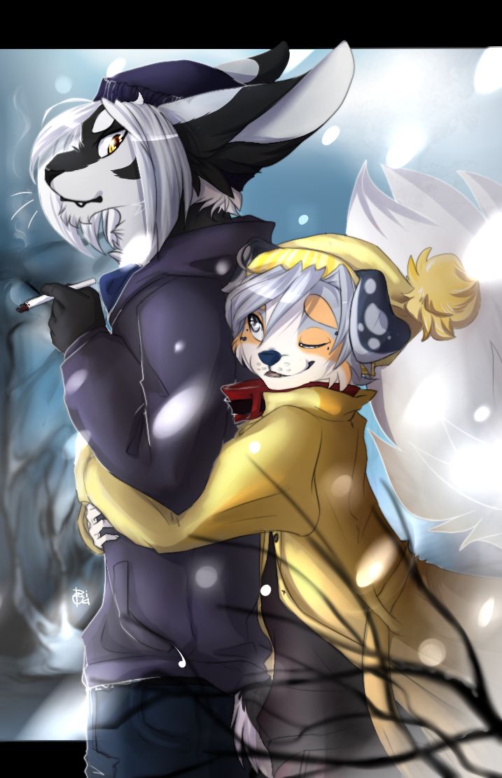 anthro black_bars black_nose clothed clothing duo grey_eyes grey_hair hair hat headgear headwear hug male outside smile smoking rikitoka canid canine canis domestic_dog mammal