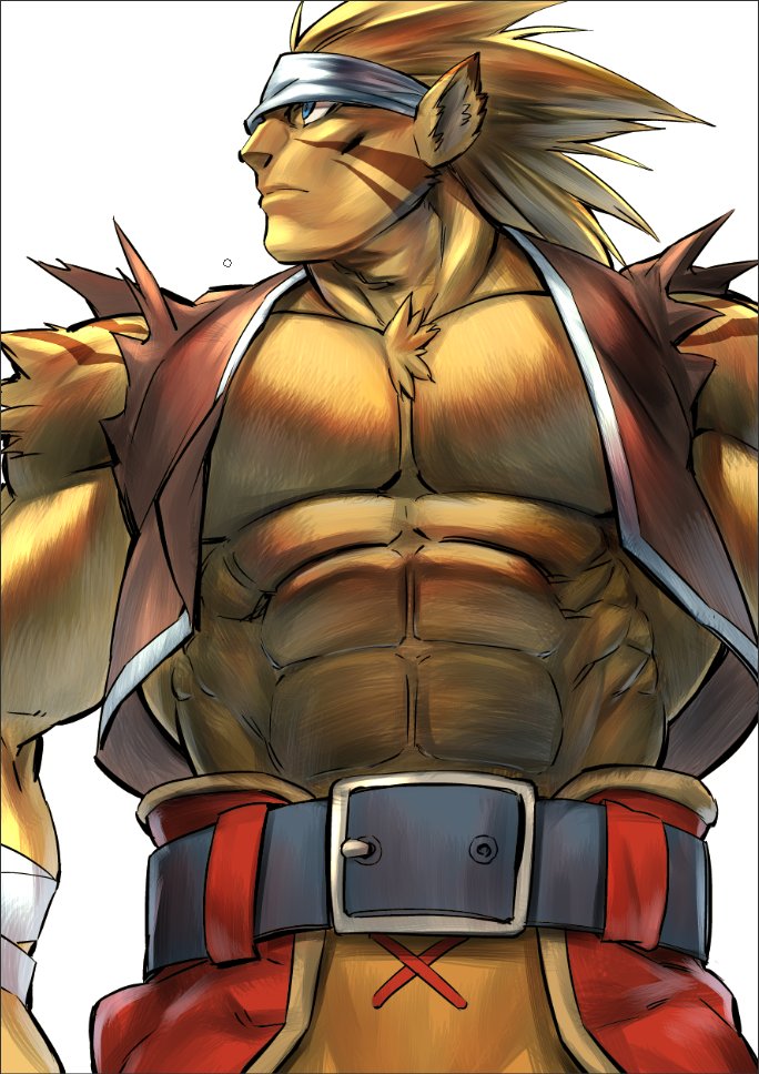 abs animal_ears anthro armband biceps blue_eyes clothed clothing front_view fur male open_clothing open_shirt open_topwear pecs shirt solo topwear yellow_body yellow_fur mennsuke breath_of_fire capcom rei_(breath_of_fire) animal_humanoid felid felid_humanoid feline feline_humanoid humanoid mammal mammal_humanoid half-length_portrait portrait