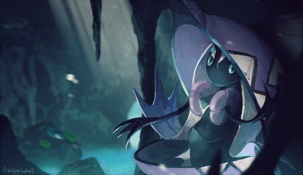 ambiguous_gender black_body cave cave_background eyelashes front_view hair highlights_(coloring) light light_beam long_hair looking_at_viewer markings mouthless purple_highlights purple_shell shell solo stalactite three-quarter_view water white_hair white_markings amamidori nintendo pokemon generation_7_pokemon humanoid legendary_pokemon pokemon_(species) tapu_fini 2018 artist_name colored digital_media_(artwork) digital_painting_(artwork) signature