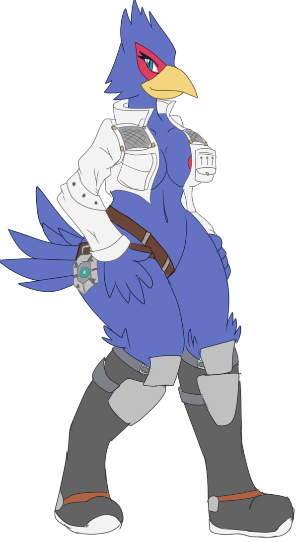 anthro beak belt blue_body blue_feathers boots breasts clothed clothing crossgender feathers female footwear hands_on_hips looking_at_viewer non-mammal_breasts partially_clothed shoes simple_background solo transparent_background wide_hips mitch-kun_(artist) pieismyfave nintendo star_fox falco_lombardi avian bird alpha_channel