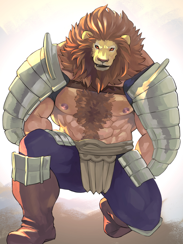 abs armor biceps body_hair brown_mane chest_hair clothed clothing happy_trail kneeling looking_at_viewer male mane muscular nipples partially_clothed pecs red_eyes simple_background solo spaulder vambrace fug@9 unicorn_overlord vanillaware morard_(unicorn_overlord) felid lion mammal pantherine 3:4