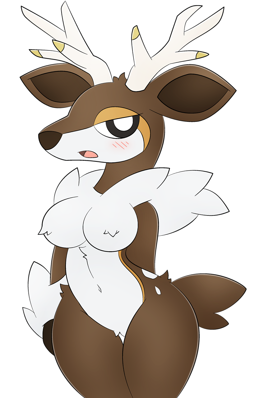 anthro antlers blush breasts female horn nude open_mouth solo tail zinzoa nintendo pokemon generation_5_pokemon pokemon_(species) sawsbuck winter_sawsbuck alpha_channel hi_res