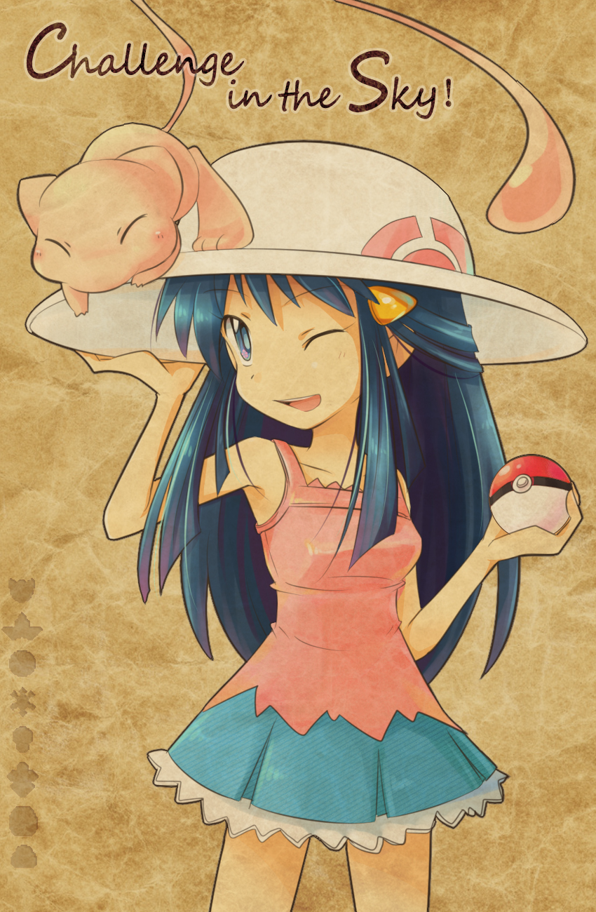 ambiguous_gender blue_eyes blue_hair blush clothing duo eyes_closed female feral fur hair hat headgear headwear holding_object holding_pokeball one_eye_closed open_mouth pink_body pink_fur pokeball standard_pokeball tail teeth text tongue sakurakazuki nintendo pokemon dawn_(pokemon) pokemon_trainer generation_1_pokemon human legendary_pokemon mammal mew_(pokemon) pokemon_(species) hi_res