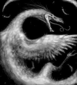 black_background fangs feathered_wings feathers feet feral fur long_tail open_mouth simple_background solo tail talons teeth toes tongue tongue_out white_body white_feathers wings 4n mythology dragon furred_dragon furred_scalie mythological_creature mythological_scalie scalie greyscale low_res monochrome