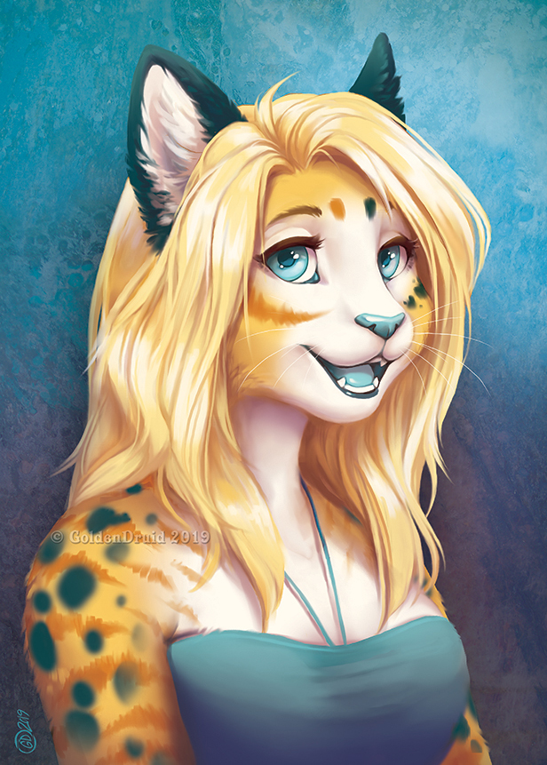 blue_eyes blue_nose blue_tongue breasts clothed clothing female fur markings open_mouth smile solo spots spotted_body spotted_fur teeth tongue goldendruid felid feline mammal serval 2019 digital_media_(artwork)