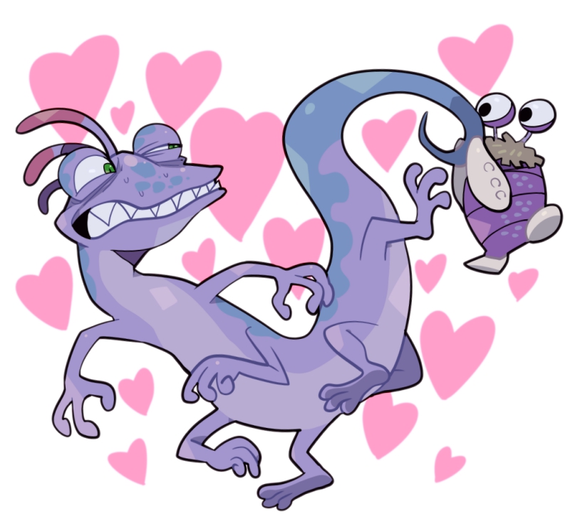 anthro duo heart_symbol long_neck short_legs simple_background tail tailbutt teeth thick_tail wide_crotch ichthy0stega disney monsters_inc pixar randall_boggs monster scalie 2016