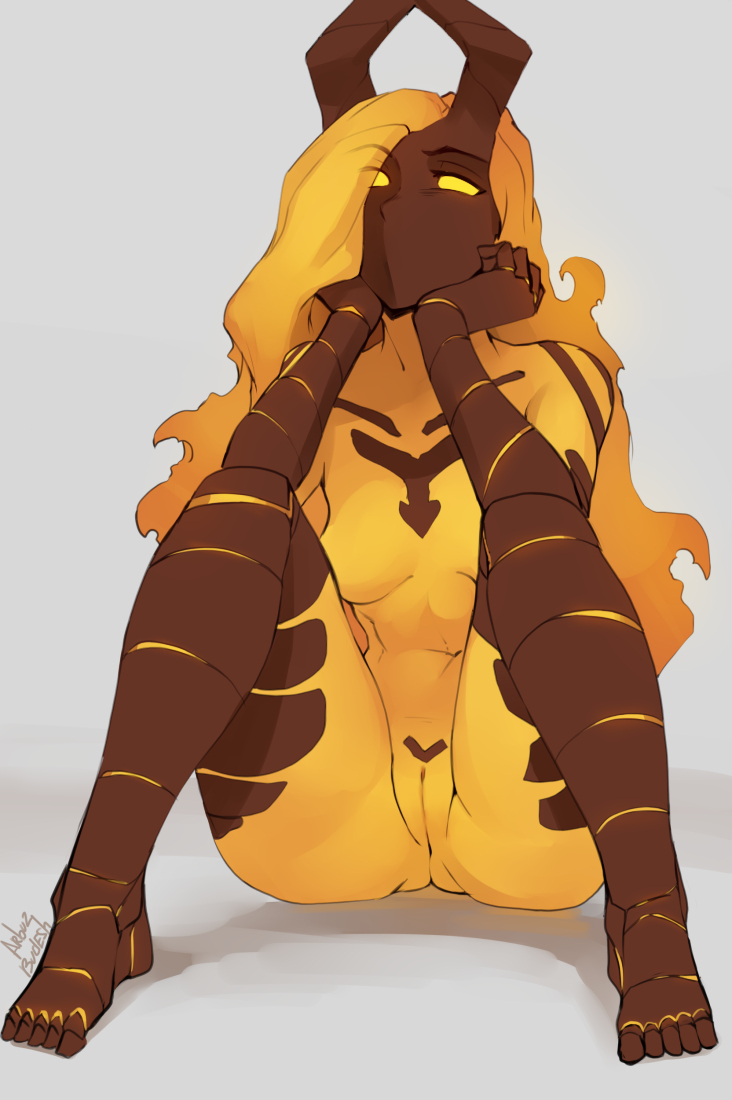 5_toes arm_support bent_legs big_butt breasts brown_body brown_face brown_horn brown_markings butt chest_markings convenient_censorship empty_eyes eye_through_pseudo_hair eyebrow_through_pseudo_hair eyebrows feet female female_humanoid fingers fire flaming_hair front_view genitals grey_background horn humanoid_feet knees_pulled_up leaning_on_elbow long_pseudo_hair markings monotone_pseudo_hair mouthless multicolored_body not_furry nude nude_female nude_humanoid plantigrade pose pseudo_hair pubic_markings pussy simple_background sitting small_breasts solo text thick_thighs toes translucent translucent_pseudo_hair two_tone_body yellow_body yellow_eyes yellow_pseudo_hair arbuzbudesh elly_(zlasova) elemental_creature elemental_humanoid fire_creature fire_humanoid horned_humanoid humanoid 2024 artist_name full-length_portrait pinup portrait signature