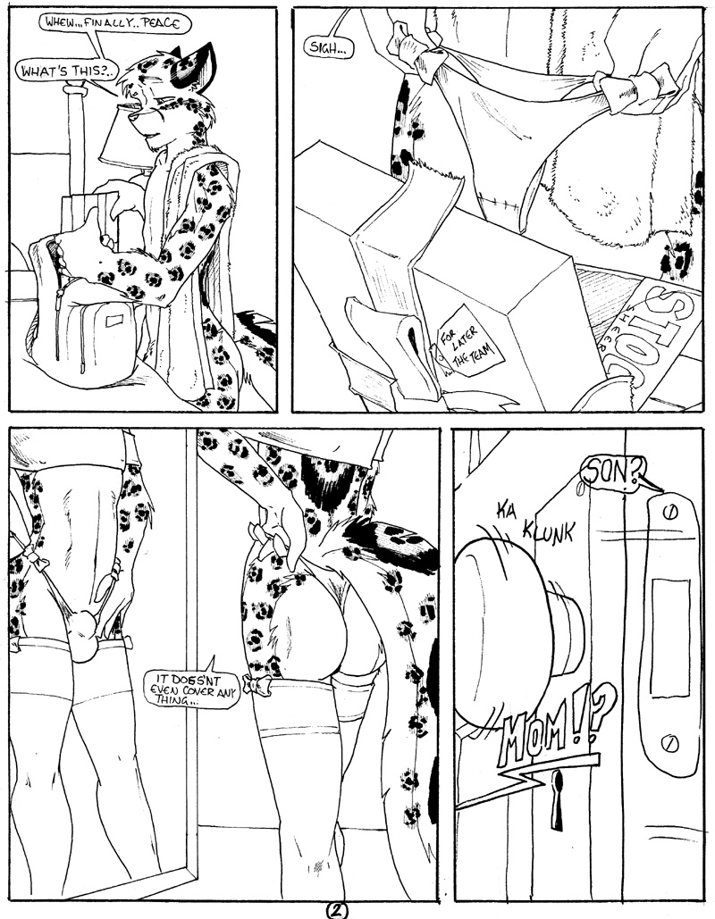 anthro bulge butt clothed clothing crossdressing dialogue femboy gift legwear male panties solo stockings text underwear walk-in bussaca felid leopard mammal pantherine comic english_text monochrome