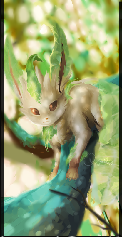 ambiguous_gender branch brown_eyes claws detailed_background feral forest fur green_body green_fur in_tree leaf nature outside plant solo stick tree jazzycat nintendo pokemon eeveelution generation_4_pokemon leafeon pokemon_(species) 2013 watermark