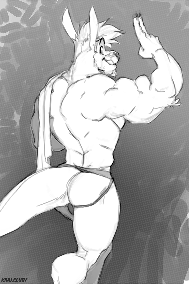 abs anthro biceps big_muscles black_nose claws clothed clothing facial_hair fur hair male muscular muscular_anthro muscular_male pecs simple_background smile solo kihu solaxe kangaroo macropod mammal marsupial 2017 2:3 greyscale monochrome