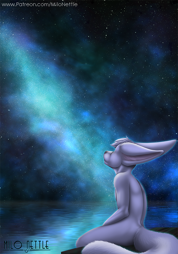 anthro fur male night nude raft reflection sky solo star text water white_body white_fur milo_nettle niveus_(character) canid canine fennec_fox fox mammal true_fox url