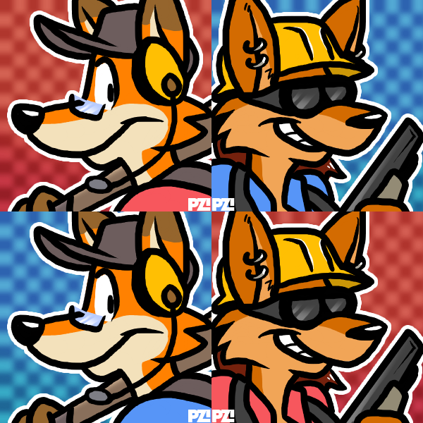 anthro checkered checkered_background clothing ear_piercing eyewear glasses goggles gun hat headgear headwear male pattern_background piercing ranged_weapon shotgun simple_background solo weapon weapon_on_shoulder portzebie team_fortress_2 valve engineer_(team_fortress_2) foxydude scout_(team_fortress_2) zoe_(foxydude) canid canine fox mammal 1:1 icon multiple_images