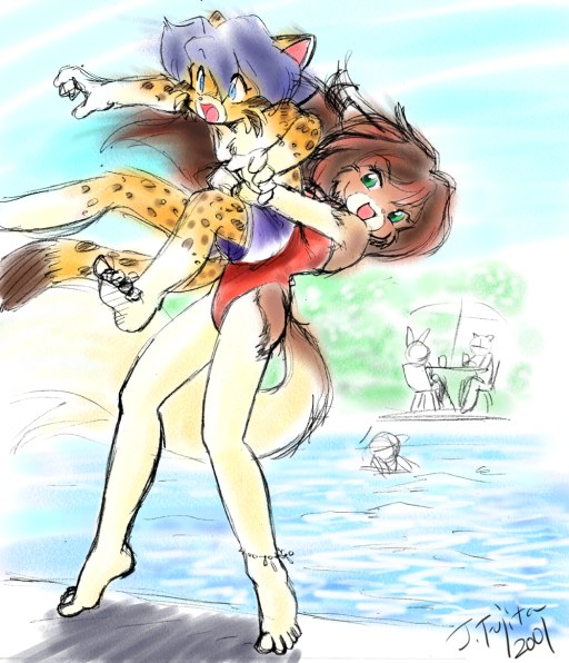 anthro barefoot biped blue_eyes blue_hair brown_hair clothing duo feet female green_eyes hair lifted male one-piece_swimsuit poolside swimming_pool swimwear water j-fujita brittany_(brittany_n._heyser) juju_(j-fujita) felid feline mammal 2001 signature traditional_media_(artwork)