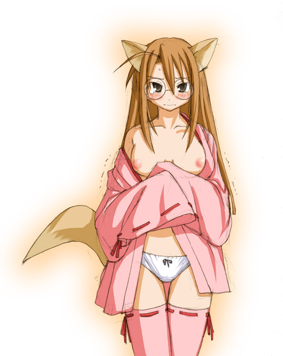 bathrobe blush breasts brown_hair clothed clothing eyewear female glasses hair legwear open_clothing open_robe panties robe solo standing tail thigh_highs underwear kasuga_yukihito mahou_sensei_negima hasegawa_chisame animal_humanoid canid canid_humanoid canine canine_humanoid fox fox_humanoid humanoid mammal mammal_humanoid