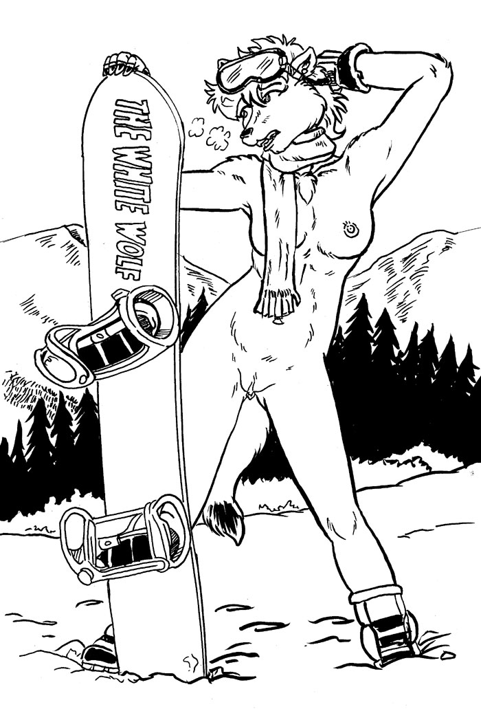 anthro boots breasts breath clothing detailed_background evergreen_tree eyewear eyewear_on_head female footwear front_view genitals gloves goggles goggles_on_head grimace hair handwear looking_away mostly_nude mountain_range nipples outside pine_tree plant pussy scarf shoes short_hair ski_goggles snow snowboard solo standing tree style_wager arctic_wolf canid canine canis mammal wolf 2023 monochrome