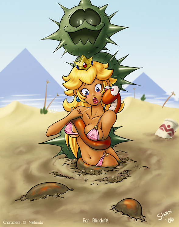 bikini breast_rest breasts clothed clothing crown desert dirty duo female headgear heart_eyes heart_symbol human_focus non-mammal_breasts not_furry_focus off_shoulder open_mouth outside plant quicksand sinking suntan swimwear tan_body tan_line tan_skin tanned two-piece_swimsuit shax_(artist) mario_bros nintendo princess_peach cobrat elemental_creature flora_fauna human mammal pokey_(mario) reptile scalie snake