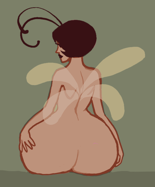 antennae_(anatomy) big_butt butt curvy_figure dark_body dark_hair dark_lips dark_skin eyelashes female insect_wings looking_at_viewer not_furry pose rear_view solo wings chazzerpan serenity_stinkbug arthropod fairy humanoid insect stink_bug true_bug pinup