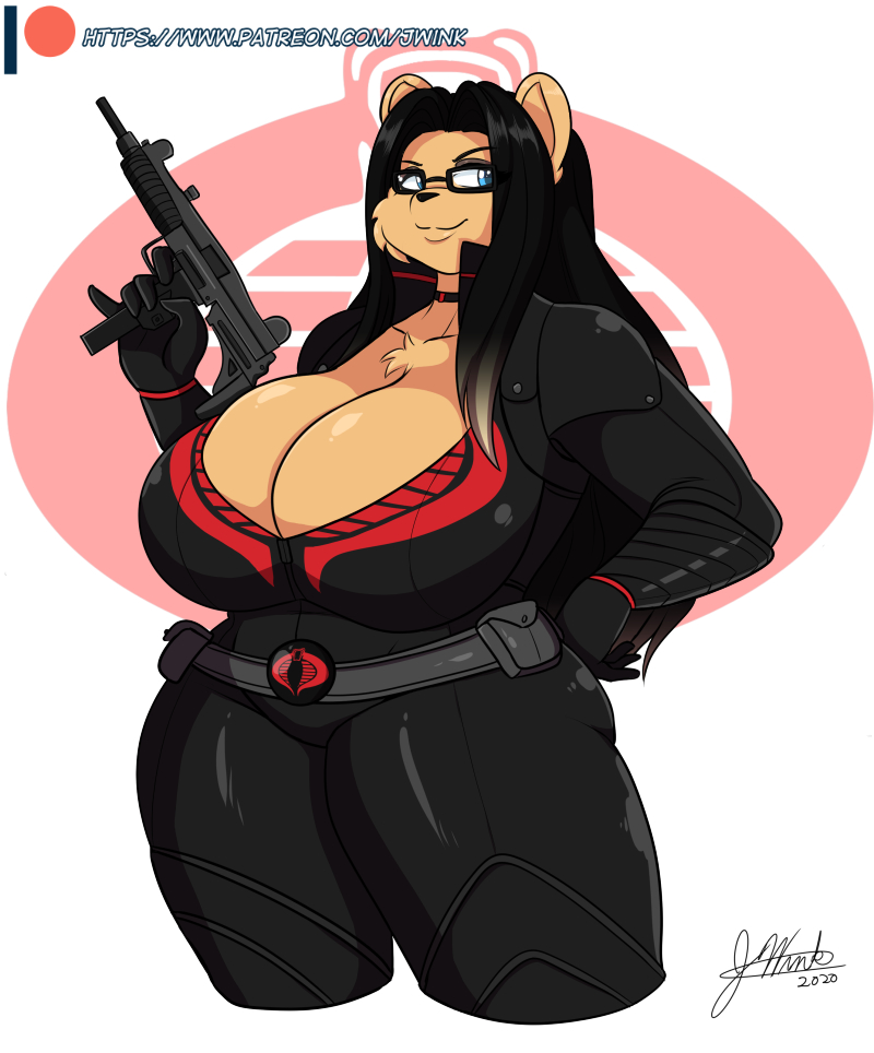 anthro breasts cleavage clothed clothing cosplay curvy_figure female gun hair ranged_weapon smile solo submachine_gun thick_thighs uzi voluptuous weapon wide_hips jwinkz g.i._joe_(hasbro) hasbro amara_(jwinkz) baroness_(g.i._joe) bear mammal