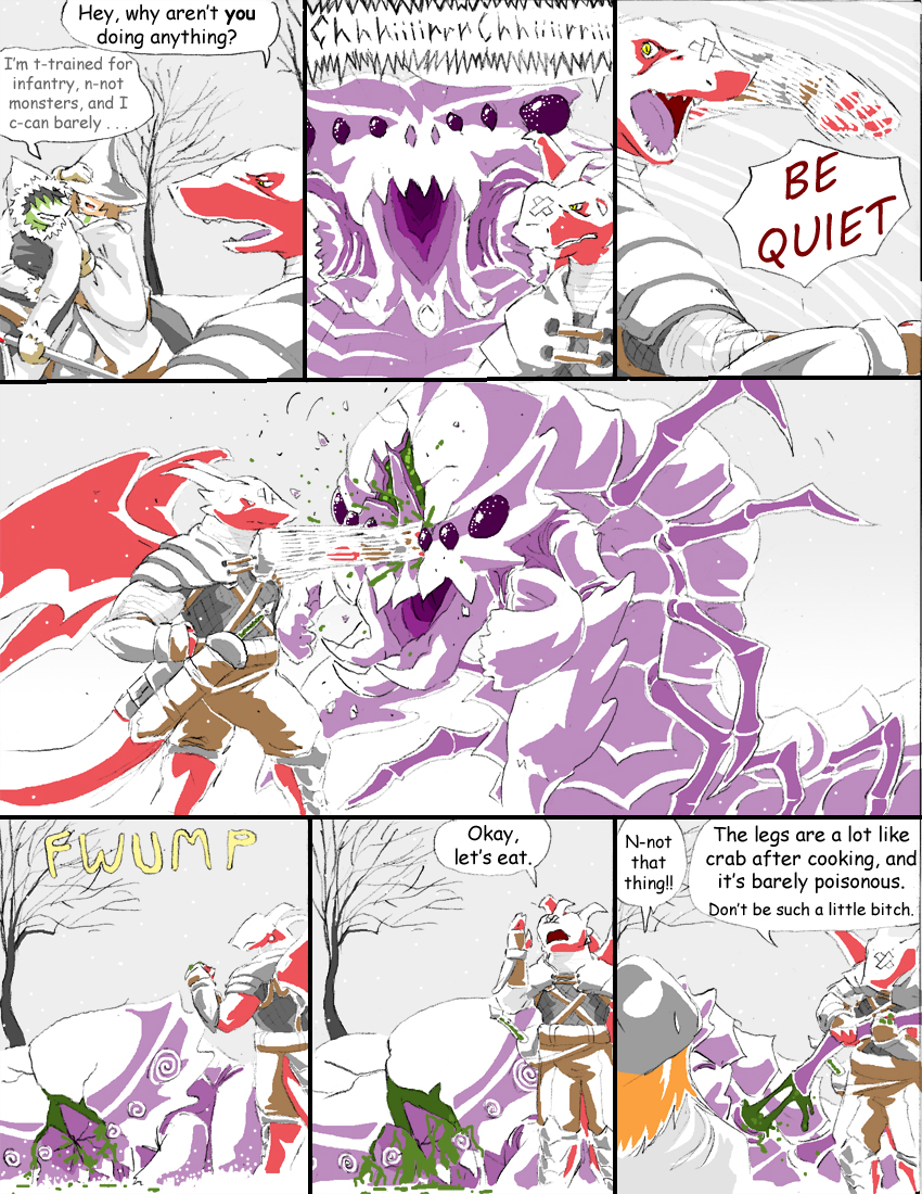 anthro dialogue feral fight group horn humor killing male membrane_(anatomy) membranous_wings outside profanity snow tail text warrior wings reiger mythology balbaros_(reiger) dranz_(reiger) willelm_(reiger) dragon elf humanoid monster mythological_creature mythological_scalie scalie comic english_text