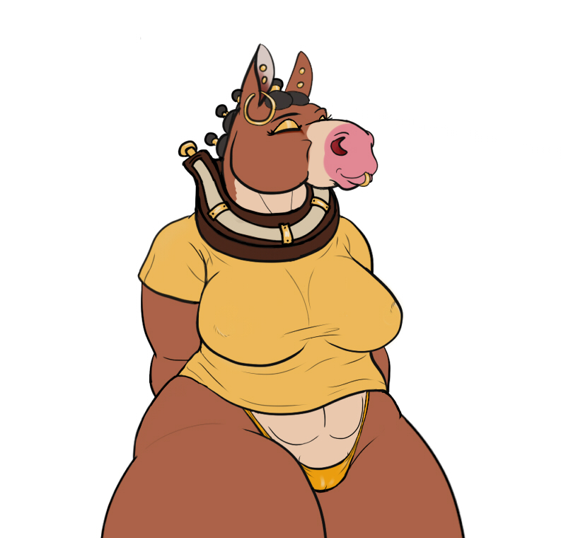 anthro big_breasts bikini bikini_bottom breasts camel_toe clothing collar ear_piercing ear_ring facial_piercing female lip_piercing piercing ring_piercing solo swimwear thick_thighs two-piece_swimsuit wide_hips snakedakyoot divadale_(snakedakyoot) clydesdale draft_horse equid equine horse mammal