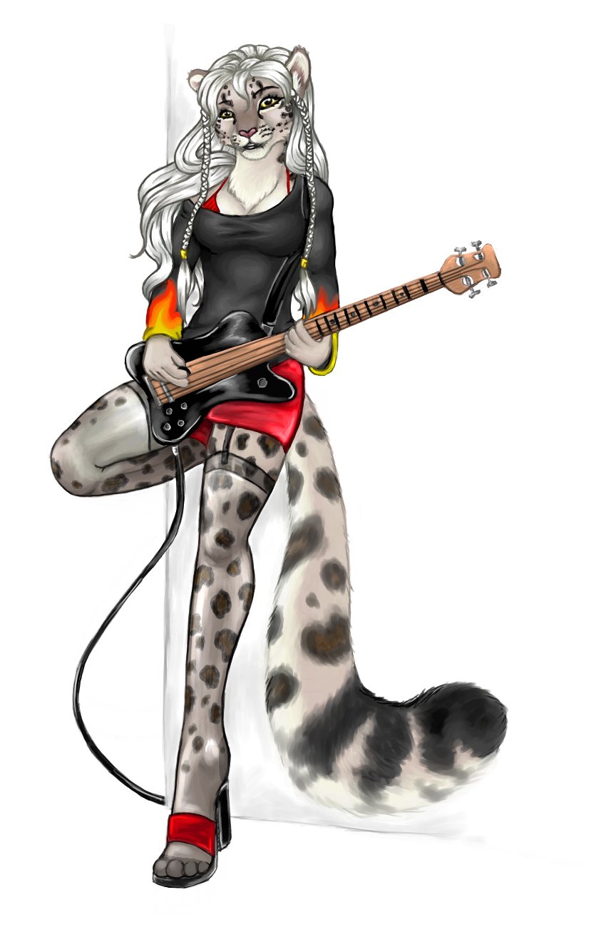 anthro bass_guitar black_clothing black_eyebrows black_eyeliner black_guitar black_lips black_spots black_topwear bottomwear bra braided_pigtails clothed clothing electric_guitar eyebrows eyeliner facial_markings feet female fingers footwear fur garter_straps grey_body grey_fur guitar hair head_markings high_heels leaning_on_wall legwear lips long_hair long_tail looking_at_viewer makeup markings miniskirt musical_instrument off_shoulder on_one_leg pigtails pink_nose plucked_string_instrument red_bottomwear red_bra red_clothing red_footwear red_shoes red_skirt red_underwear shoes simple_background skirt slim solo spots spotted_body spotted_fur standing stockings string_instrument tail tail_markings thigh_highs toes topwear translucent translucent_clothing translucent_legwear translucent_stockings underwear white_background white_hair yellow_eyes chaotikat cindy felid mammal pantherine snow_leopard hi_res