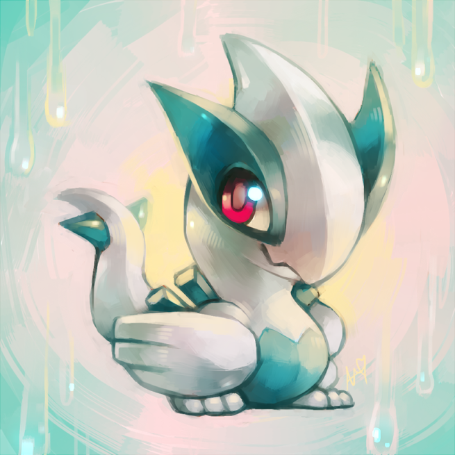 abstract_background ambiguous_gender daww looking_at_viewer red_eyes smile solo tail white_body white_skin young aishishi nintendo pokemon generation_2_pokemon legendary_pokemon lugia pokemon_(species) 1:1