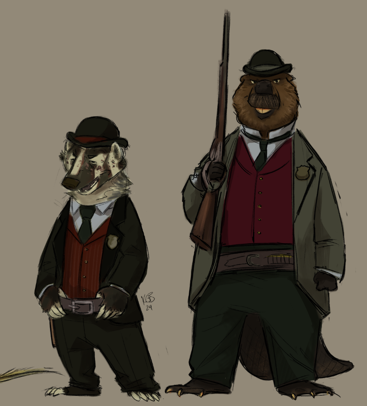 alternate_species anthro biped clothed clothing fingers furrification gun hat headgear headwear holding_gun holding_object holding_ranged_weapon holding_weapon male ranged_weapon tail weapon abovesn4kes red_dead_(series) rockstar_games andrew_milton edgar_ross badger beaver mammal mustelid musteline rodent 2024