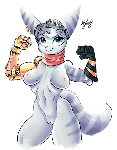 anthro blue_eyes breasts clothing cybernetic_arm cybernetic_limb ear_piercing ear_ring eyewear eyewear_on_head female flexing fur genitals gloves goggles goggles_on_head hair handwear mechanical_arm nipples nude piercing prosthetic prosthetic_arm prosthetic_limb pussy ring_piercing scarf simple_background solo stripes panthera_cantus ratchet_and_clank sony_corporation sony_interactive_entertainment rivet_(ratchet_and_clank) lombax mammal