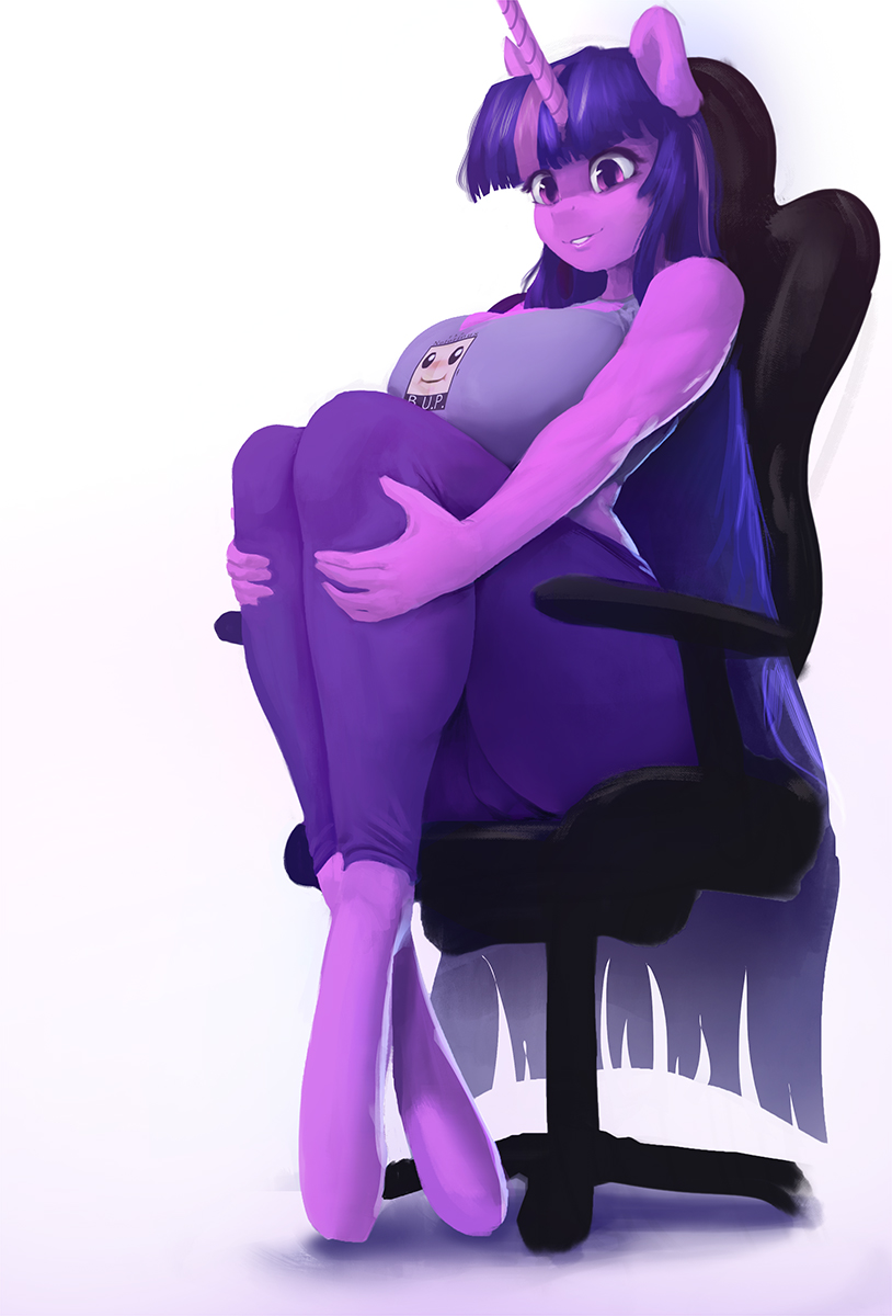 anthro anthrofied big_breasts biped bottomwear bra breasts chair clothing female fur furniture gaming_chair hair hooves horn huge_breasts multicolored_hair pants purple_body purple_eyes purple_fur shirt simple_background sitting smile solo sports_bra teeth text text_on_clothing text_on_shirt text_on_topwear thick_thighs topwear underwear white_background yoga_pants maarthul friendship_is_magic hasbro my_little_pony mythology twilight_sparkle_(mlp) equid equine mammal mythological_creature mythological_equine unicorn hi_res