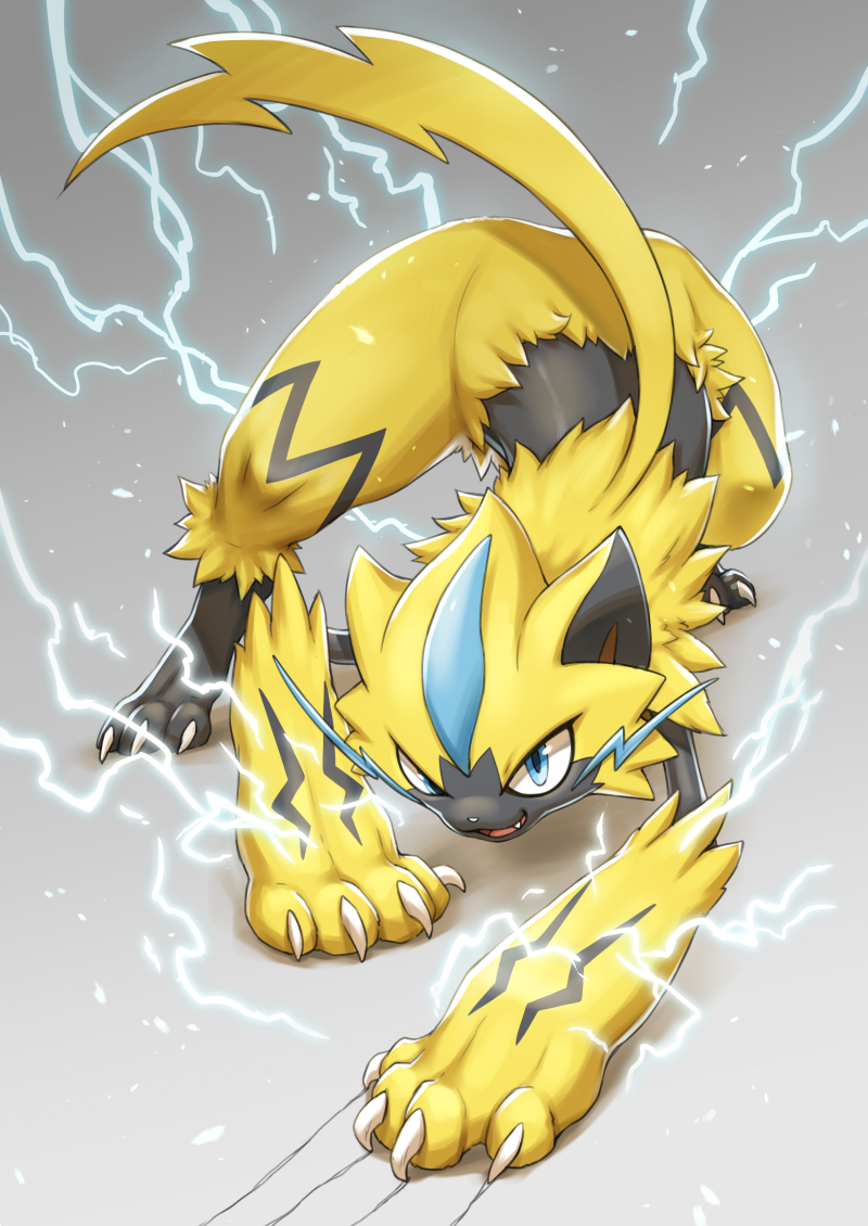 ambiguous_gender anthro black_body black_markings black_skin blue_body blue_eyes blue_fur claws electricity fangs fur gradient_background grey_background looking_at_viewer markings simple_background smile solo teeth whiskers yellow_body yellow_fur kemokemono nintendo pokemon felid generation_7_pokemon legendary_pokemon mammal pokemon_(species) zeraora 2018