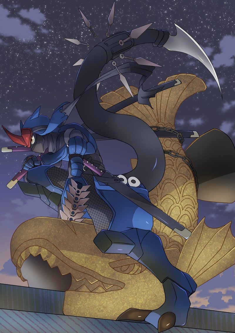 anthro athletic athletic_anthro athletic_male black_body blade claws clothing fishnet_clothing katana male mask melee_weapon ninja sky solo star starry_sky sword tail tail_blade veil warrior weapon weapon_tail yellow_eyes gtmwd262 bandai_namco digimon digimon_(species) fumamon scalie