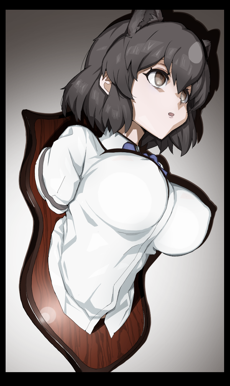 amputee big_breasts bisected black_border black_hair border breasts brown_eyes clothing corpse death disability female gore hair missing_arm missing_lower_body nipple_outline open_mouth ribbons shirt short_hair solo taxidermy taxidermy_mount topwear trophy_head shidagani kemono_friends brown_bear_(kemono_friends) animal_humanoid bear humanoid mammal mammal_humanoid ursid_humanoid hi_res