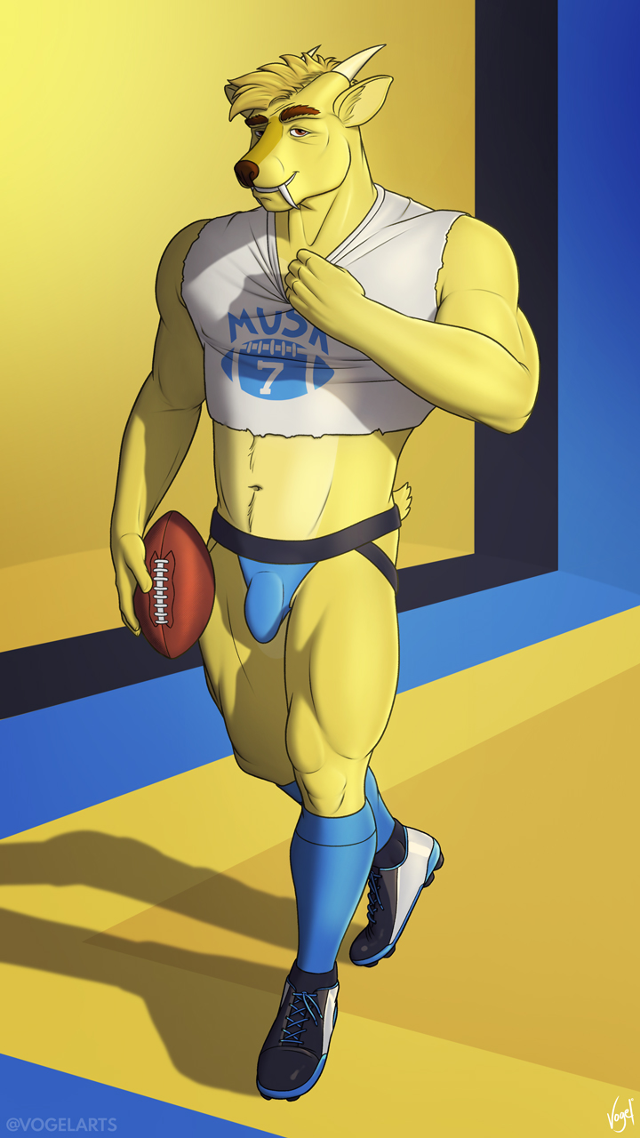 american_football anthro ball cleats clothing crop_top fangs footwear fur gridiron_ball horn jockstrap male midriff shirt shirt_tug socks solo sport teeth text text_on_clothing text_on_topwear topwear underwear yellow_body yellow_fur vogelrove dj_strap cervine deer mammal muntjac 9:16 hi_res