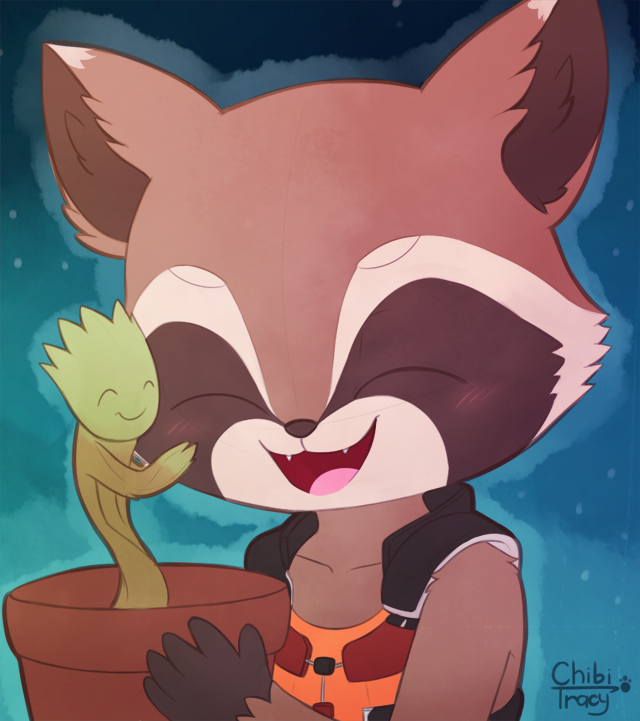 ambiguous_gender anthro blush chibi cuddling duo male plant sunnynoga guardians_of_the_galaxy marvel groot rocket_raccoon elemental_creature flora_colossus flora_fauna mammal procyonid raccoon 2014